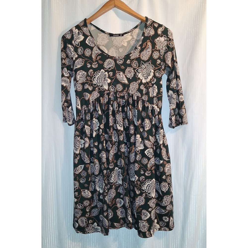 Annabelle Women's Green Floral Print 3/4 Sleeve Gathered Waist Mini Dress Size M